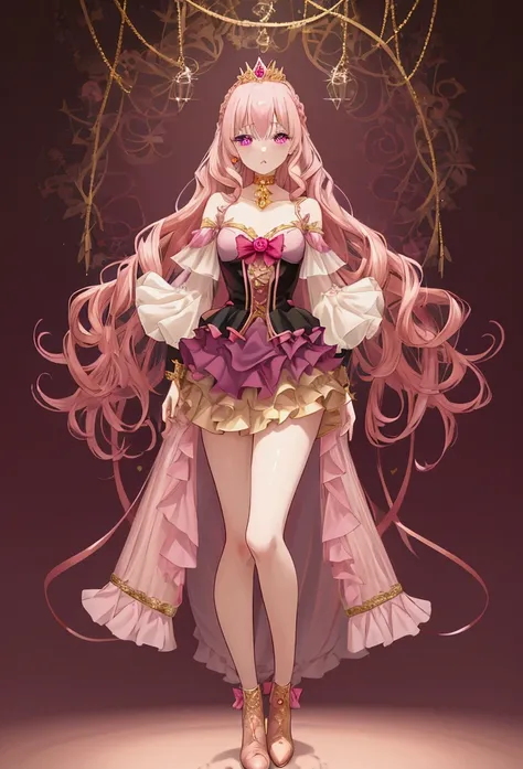 Create an anime-style girl with (((deep magenta eyes and long, wavy pink hair))) ((styled in an elegant frenchbraid)). (((She is slender, and  with small breasts))). ((Ensure a full-body shot of her)) wearing a (((magical girl-themed outfit.))) ((The outfi...