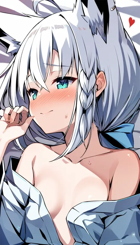 one girl, Shirakami Fubuki, fox ears, white hair, yukata, lying on futon, from above, shy, look at me, love me, naughty mood, upperbody focus, off shoulder, heart mark, kissing face, small breasts