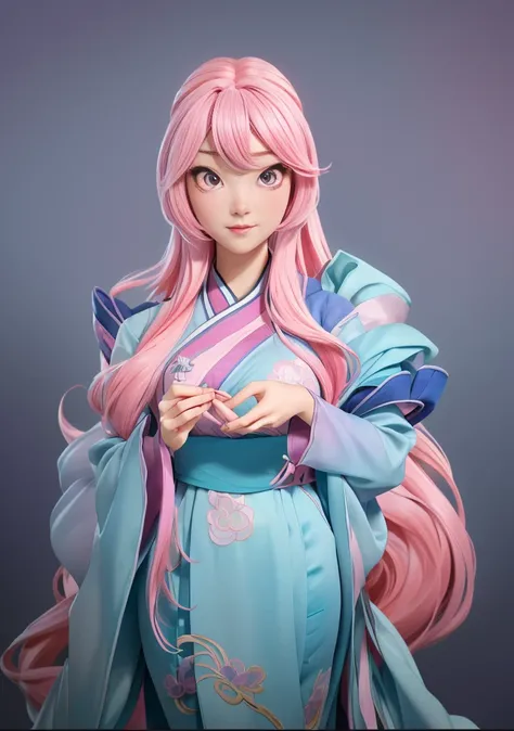 Image of a woman with pink hair and a blue dress, Attractive anime girl, OPPEIN, Real person style，Pink Eyes，Pink long hair，Hanfu，antiquity，Chinese style，，big ，huge ，sexy body，cute，Cute style，High-quality works