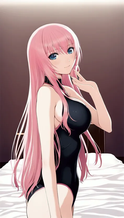 masterpiece ,Megurine Luka,E cup breasts,Pink long hair,blue eyes,Black competitive swimsuit,smile,Bedroom,