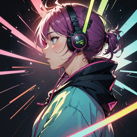 Male, profile, headphones, hoodie, vivid colors, neon, no background