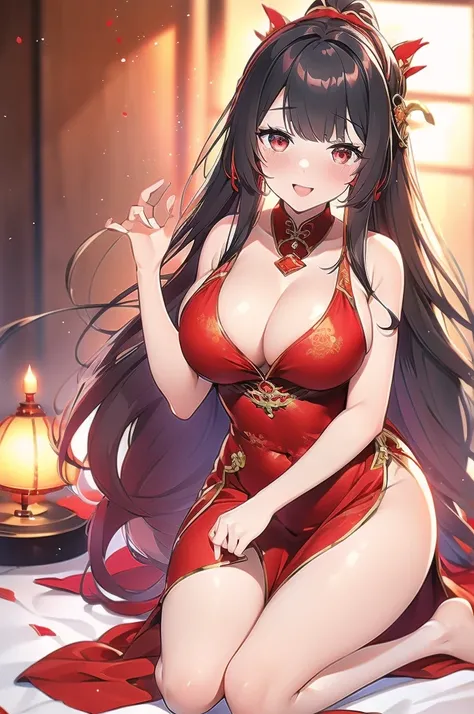 Silver long hair、Red eyes、woman、美しいwoman、Large Breasts、sword、A revealing red and white Chinese dress、A Chinese dress that shows off her cleavage、chinese style background、indoor、Masturbation、On the bed、orgasm、Ahegao