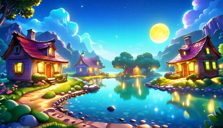 a beautiful calm and peaceful lagoon that reflects the brightness of the stars and moonlight, the stars and the moon have a yell...