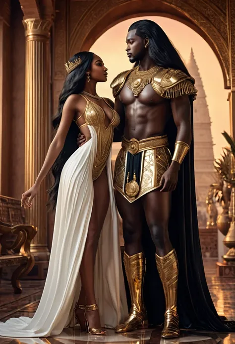 Novel in futurist kingdom of Mali, a beautiful young darkskin couple with (((a long black hair young queen))) with (((a young imperial king with long black hair))), fighting with energetic powers, (((very beautiful))), perfect faces, whole body, romantic s...