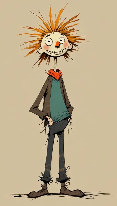 (((Exaggerated digital character sketches:1.37，Matchstick Men))).(1 Scarecrow，(Exaggerated expression,Exaggerated hairstyle)，Messy hair)，(Black sketch lines，Loose brushstrokes create the outline，Cartoon Style. Bright colors and simplified lines, sketch)。(E...