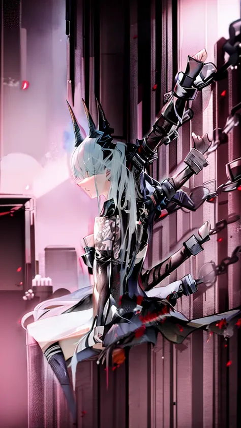 chained girl, white hair, black horn, long horns, demon anime girl, long hair, balck dress, demon horns