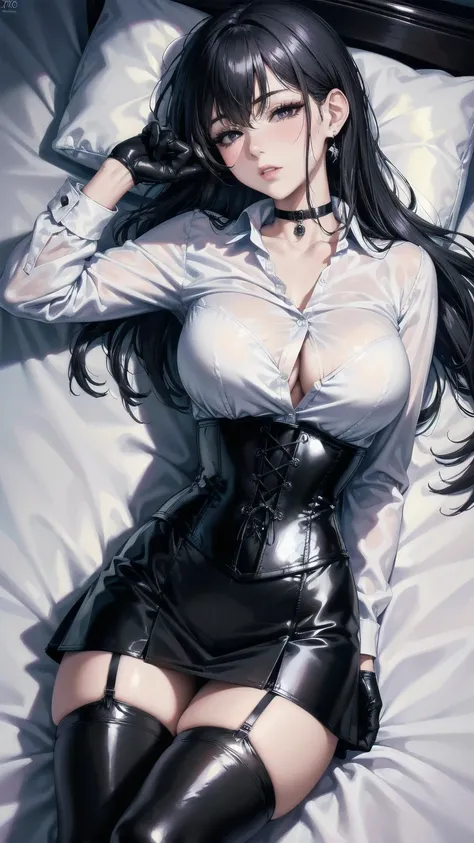  masterpiece, Superior image quality, High resolution, 4k image,photo and gross, photorealistic, whole body, 1 young teen girl, lying on a bed {{{vagina}}}, beautiful face, long black hair, half-closed eyes black eyes, very detailed eyes, pink cheeks, tire...