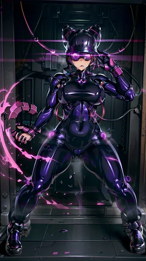 1 girl,Browsing Caution,Helmet, brainwashing, visor, wire, ,clavicle, Eyes glowing purple,Absurd, brainwashinging,Hollow Eyes, Big Breasts, Expressionless,(Black latex tight bodysuit),avert your eyes , Full body shape,(Must have:1.2)、(Realistic:1.37)、Ticke...