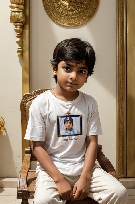 A boy sitting in a room on chair who is a devotee of krishna ji he has a picture frame of krishna ji in his hand and the name "rahul" written in his white t shirt and radhe Krishna is written on the well 