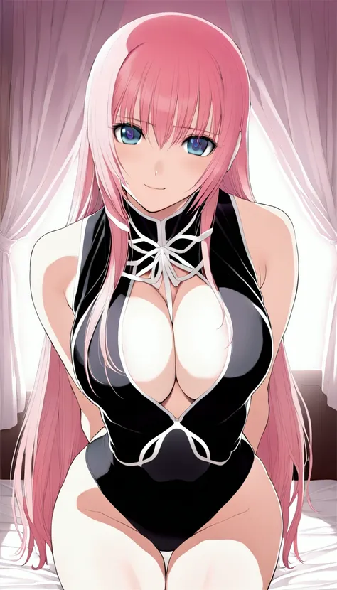 masterpiece ,Megurine Luka,E cup breasts,Pink long hair,blue eyes,Black one-piece swimsuit,smile,Bedroom,