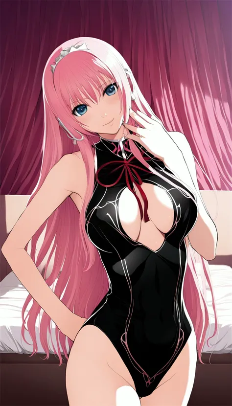 masterpiece ,Megurine Luka,E cup breasts,Pink long hair,blue eyes,Black one-piece swimsuit,smile,Bedroom,