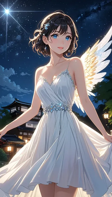 National Science Foundation,masterpiece,High resolution,8k,art,refer to,Kyoto Animation Style,Your Name movie style,To the camera,night,midnight,Light,(1 female: 1.3),(alone: 1.4),Sparkling Light Evening Dress,(Wearing a white dress),(Woman wearing a beaut...