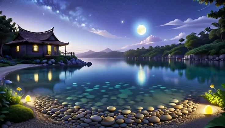 a beautiful calm and peaceful lagoon that reflects the brightness of the stars and moonlight, the stars and the moon have a yell...