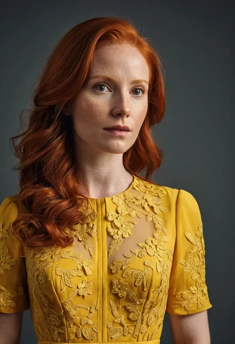 photo of 30 year old redhead woman wearing yellow dress