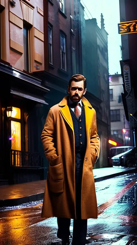 a middle-aged man in a rumpled overcoat, detective, investigator, crime scene, gritty urban setting, 1970s style, cinematic lighting, moody atmosphere, attention to details, intricate plot, masterfully executed, photorealistic, highly detailed, 8k, best qu...