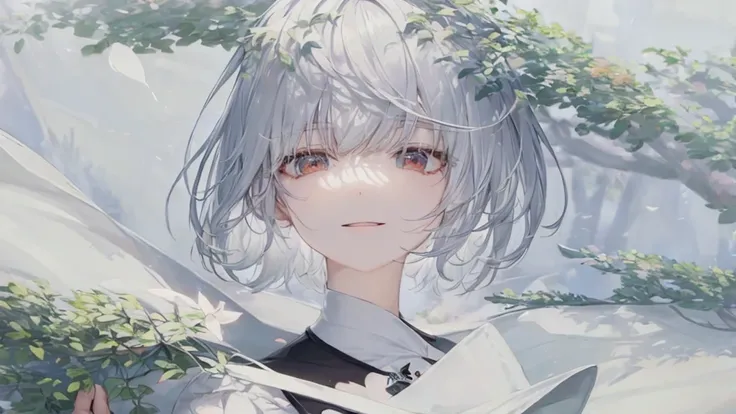 Ultra HD,Look at the viewers, Put your hands behind your back, With a girl, 20-year-old, 非常にShort Hair, Long bangs between the eyes, Pale blue eyes, Very detailed,(masterpiece、Highest quality),Gray Hair、Laughter、Fantastic, Silver Hair, Iris, Short hair、 Fl...