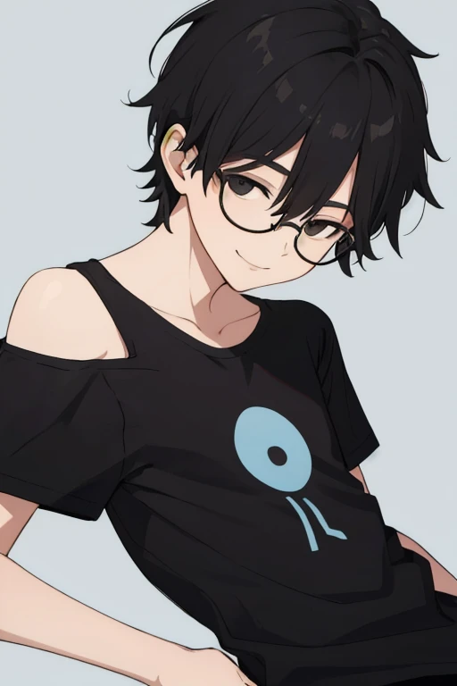 a boy, boy, alone, with a somewhat thin, somewhat feminine body, black hair, medium short hair, slightly long hair on the back of the head ,black eyes, simple black glasses on, looking at the viewer, calm smile, loose black shirt with one shoulder exposed,...