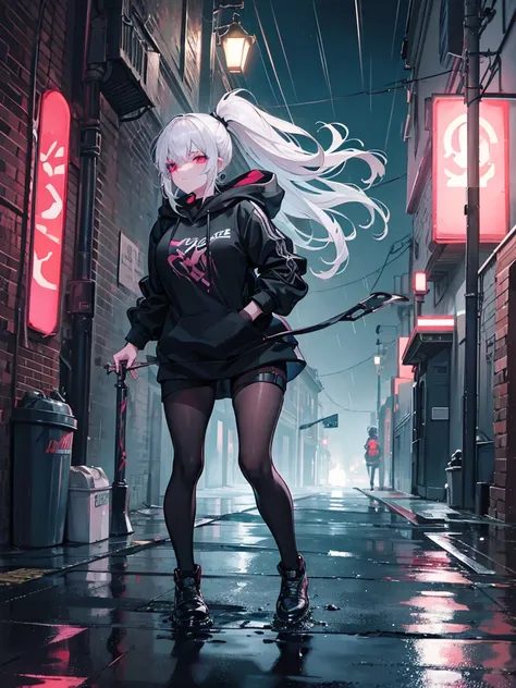 A young woman runs frantically down a dimly lit alley, her face contorted with fear. The narrow passage is lined with grimy brick walls and overflowing trash cans. Behind her, a menacing figure in a dark hooded jacket, holding a gleaming knife, is in pursu...