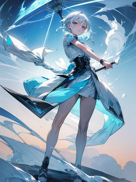 (Top Quality figure),(((Top quality))), short braided hair, short hair ,sky blue eyes,she has beautiful eyes,white hair, her outfit is monochrome, gentle smile, She is considered to be very beautiful, imagenery, beautiful storm ,run under blue sky, strom s...