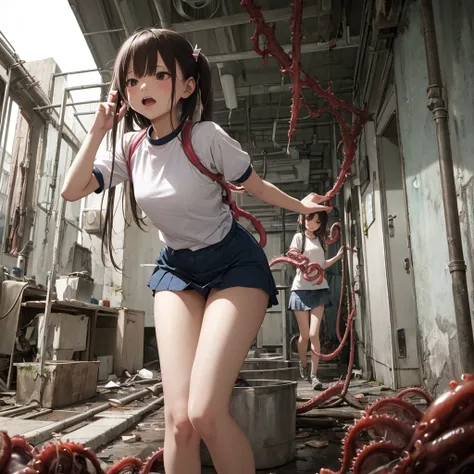 ８age、girl captured by tentacles in abandoned factory、tentacles in a skirt、pants fabric texture、crying and screaming