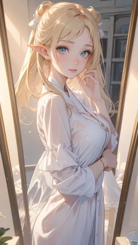 work of art, epic details, ultra detaild, high resolution, blonder woman, beautiful elf, hair tied into an elegant bun, angelic face with soft features, slim body, wearing panda kigurime pajamas, delicate and well-defined hands, expression of happiness, bi...