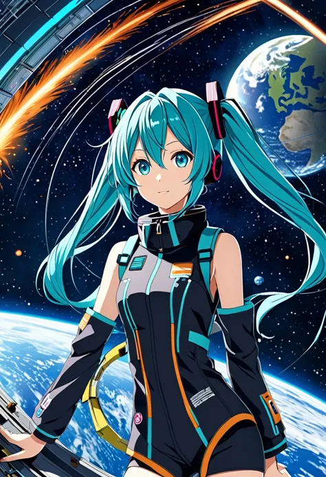 Anime girl,blue hair,blue eyes She has two braids in her hair, Hatsune Miku, in a space station, something exploded behind her, moon, space, planet Earth in the back, wearing space radar clothes,