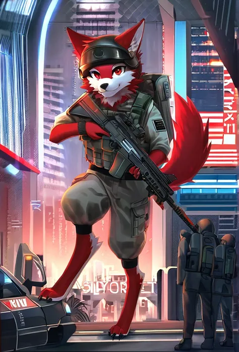 high detail, hyper quality, High Resolution, 1080P, solo, Furry, (Male Wolf: 1), (Red fur: 1.3), blue skin, white ears, red-eyes, sharp claws, (furry tail: 1.2), (Carrying soldiers equipment)), Wearing bulletproof vests, ((Wearing soldiers helmets)), Again...