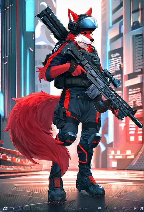 high detail, hyper quality, High Resolution, 1080P, solo, Furry, (Male Wolf: 1), (Red fur: 1.3), blue skin, white ears, red-eyes, sharp claws, (furry tail: 1.2), (Carrying soldiers equipment)), Wearing bulletproof vests, ((Wearing soldiers helmets)), Again...