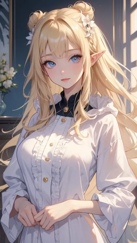 work of art, epic details, ultra detaild, high resolution, blonder woman, beautiful elf, hair tied into an elegant bun, angelic face with soft features, slim body, wearing kigurime pajamas with panda bear hoods, delicate and well-defined hands, expression ...