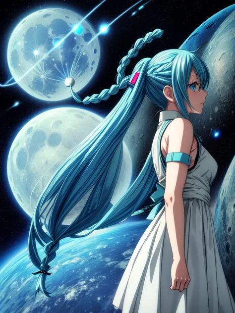 Anime girl,blue hair,blue eyes She has two braids in her hair, Hatsune Miku, in a space station, something exploded behind her, moon, space, planet Earth in the back, wearing space radar clothes,