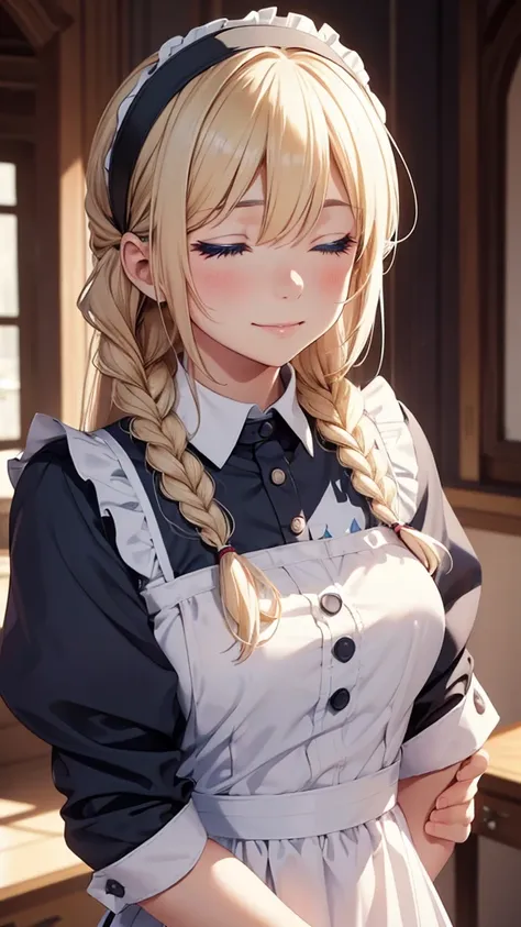 girl, wearing a maid uniform, little smile, kiss to viewer, 
, castle, ((())),closed eyes, facing viewer, close-up,alice zuberg, bangs, blue eyes, blonde hair, hair between eyes, very long hair, braid, hairband, white hairband,