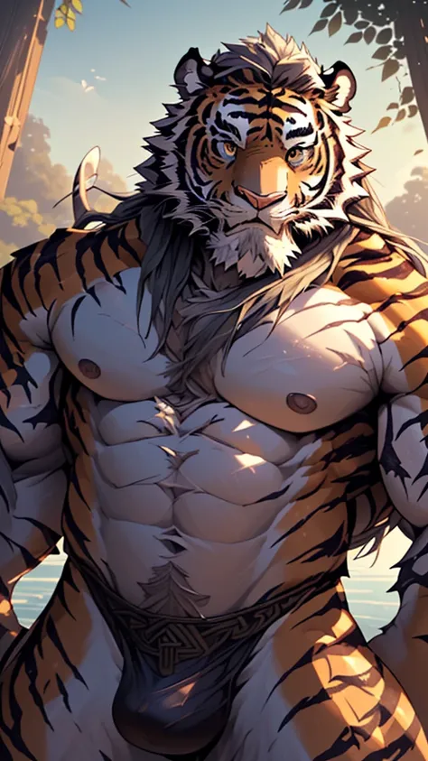 (masterpiece),(highres),(intricate details:1.4),extremely detailed,(illustration:1.2),8k,photorealistic,exquisite,(daddy:1.5),aged,(elder male tiger:1.7),muscular,(Viking warrior:1.5),(brave and powerful:1.5),manhood,warrior,long hair,long beard,(numerous ...