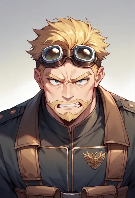 Human Male Adult  , hair Style blonde and beard, goggles on head  ,soldier outfit black clothes,and furious face,blooding