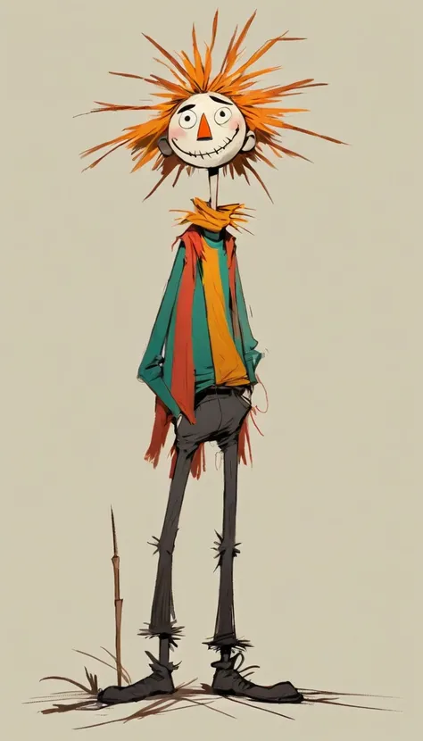 (((Exaggerated digital character sketches:1.37，Matchstick Men))).(1 Scarecrow，(Exaggerated expression,Exaggerated hairstyle)，Messy hair)，(Black sketch lines，Loose brushstrokes create the outline，Cartoon Style. Bright colors and simplified lines, sketch)。(E...