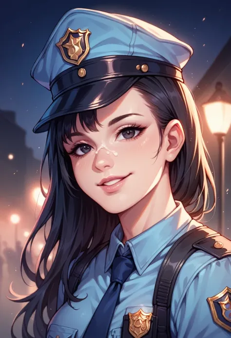 Woman, beautiful, black hair, sexy police officer in uniform, black color, night, soft light, facial details, from front, with gun, smiling, light pink lips, --Realistic Style-Imagination-