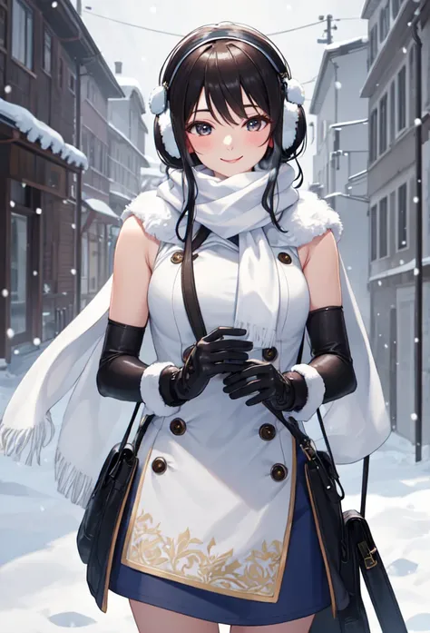 masterpiece, best-quality, highest-definition, ultra-detailed, high-resolution, intricate, 1girl, sleeveless turtleneck, scarf, gloves, earmuffs, snow, snowing, smile. 