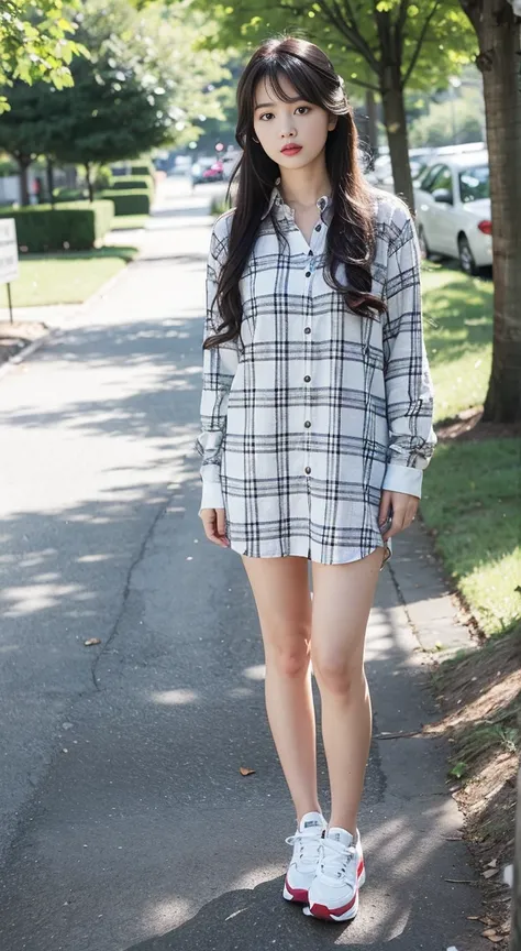 1girl, solo, long hair, looking at viewer, bangs, brown hair, shirt, black hair, long sleeves, dress, brown eyes, standing, full body, outdoors, parted lips, shoes, day,  32 inches in the chest, (sexy pose),( tree, lips, plaid, white footwear, plant, sneak...