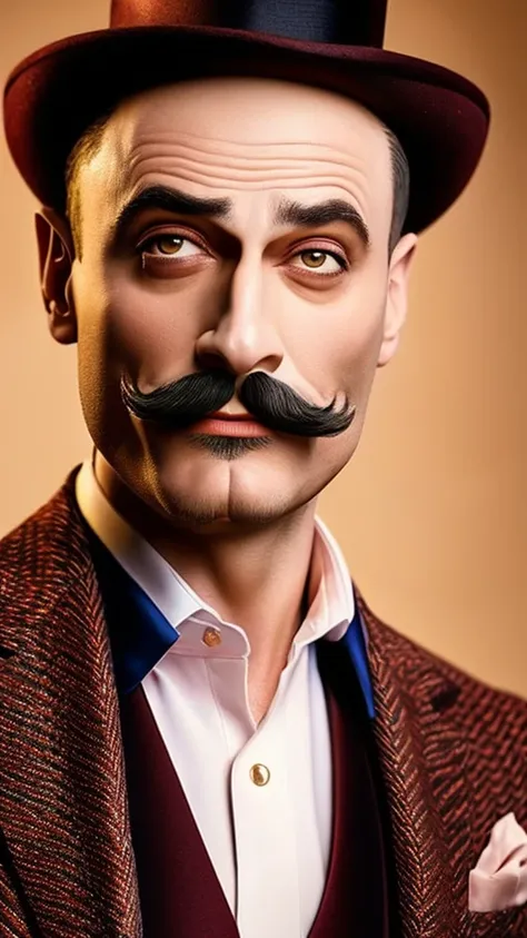 a sophisticated well-dressed man, Hercule Poirot, stroking his small mustache, confident expression, bald head, detailed portrait, elegant suit, high quality, photorealistic, 8k, extremely detailed, cinematic lighting, dramatic shadows, warm color tones