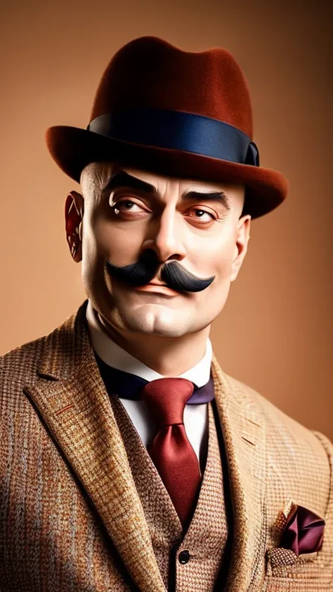 a sophisticated well-dressed man, Hercule Poirot, stroking his small mustache, confident expression, bald head, detailed portrait, elegant suit, high quality, photorealistic, 8k, extremely detailed, cinematic lighting, dramatic shadows, warm color tones