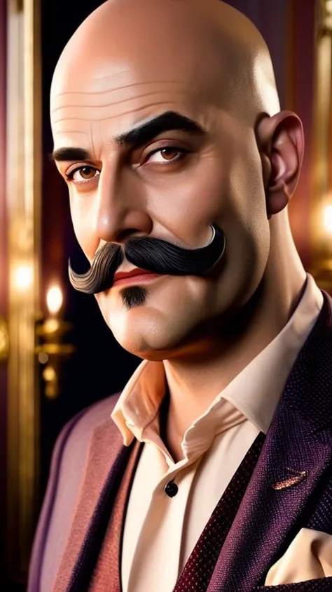 a sophisticated well-dressed man, Hercule Poirot, stroking his small mustache, confident expression, bald head, detailed portrait, elegant suit, high quality, photorealistic, 8k, extremely detailed, cinematic lighting, dramatic shadows, warm color tones