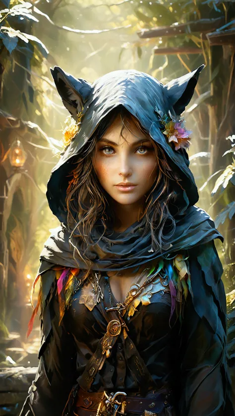 A beautiful, enchantingly elusive humanoid faunus woman, every aspect exudes magic in the midst of danger: shimmering rainbow fur, ethereal golden horn, and eyes that seem to hold the secrets of the universe. The mystical creature is surrounded by a lush, ...