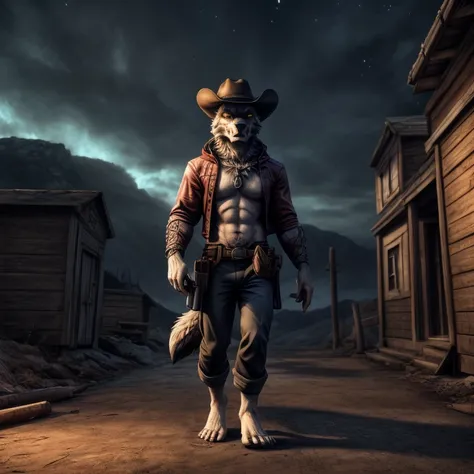 (((Barefoot furry character, full body, cinematic setting, furry male, plantigrade))) 

portrait, ((mysterious stranger black long fur wolf gunslinger)), ((holding smoking gun)), ((holding revolver)), abandoned town, alone ,strange, surreal, desolate, ghos...