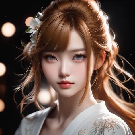 Meticulous, analog style, focus on the eyes, highest quality, (highly detailed skin), photo of very handsome pale skin Japane donghua girl, 21 years old, (caramel hair), perfect face, pore skin, (penetration:0.5), black background, (bokeh:0.6), sharp focus...