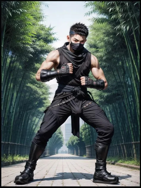 (((Cover your nose and neck with black cloth)))、Japanese men、((Sweating profusely))、(((Distention of the crotch area)))、Fromside、(((fighting stance)))、((Sleeveless ninja jacket))、(((Ninja Pants)))、(((Ninja Gaiters)))（Arm tattoo）、Muscular、(Glowering look、lo...