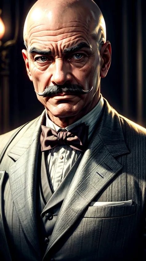 a sophisticated well-dressed man, Hercule Poirot, stroking his small mustache, confident expression, bald head, detailed portrait, elegant suit, high quality, photorealistic, 8k, extremely detailed, cinematic lighting, dramatic shadows, warm color tones