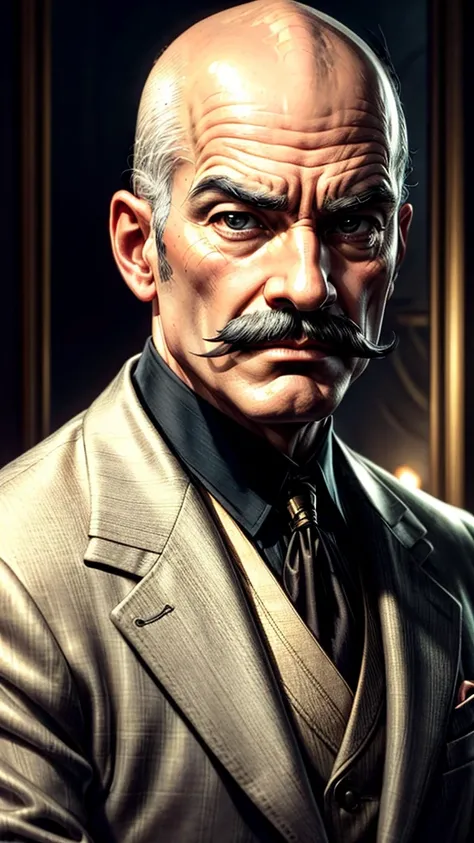 a sophisticated well-dressed man, Hercule Poirot, stroking his small mustache, confident expression, bald head, detailed portrait, elegant suit, high quality, photorealistic, 8k, extremely detailed, cinematic lighting, dramatic shadows, warm color tones