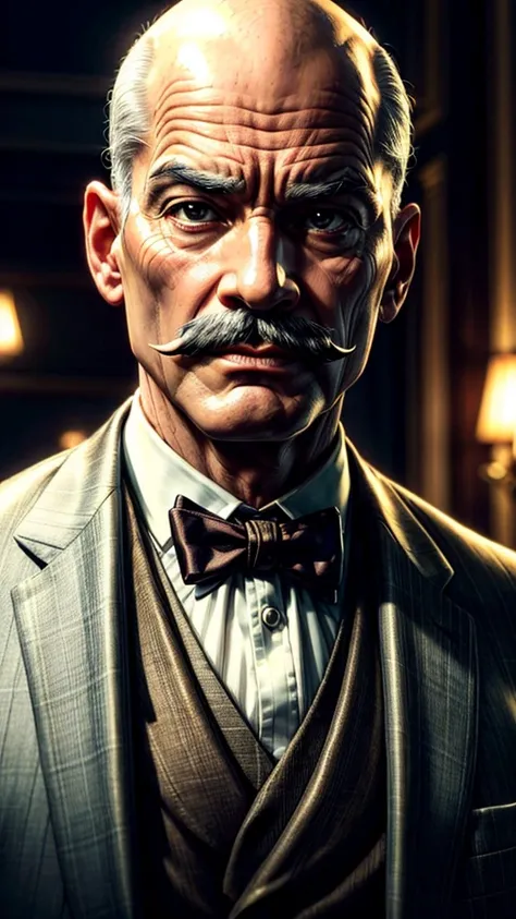 a sophisticated well-dressed man, Hercule Poirot, stroking his small mustache, confident expression, bald head, detailed portrait, elegant suit, high quality, photorealistic, 8k, extremely detailed, cinematic lighting, dramatic shadows, warm color tones