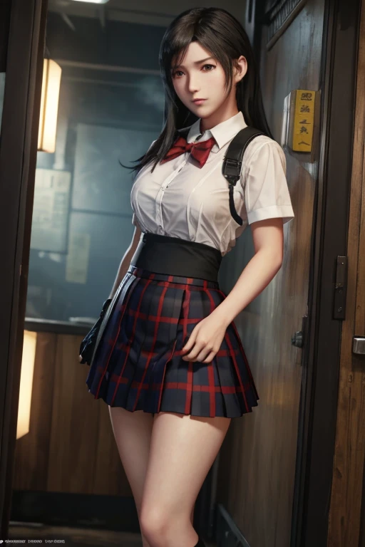 school girl uniform , steam , rain , plaid skirt , pleated skirt , The shirt is tight. , white shirt , school girl , red bow , red knot , highly detailed photo of Tifa Lockhart posing, final fantasy 7 remake