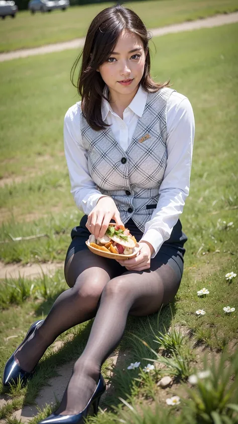 Ulchan-6500-v1.1, (RAW photo:1.2), (Photoreal), (genuine:1.4), １milf, perfect anatomy, 48 years old, plump body:0.5,  look at the viewer, medium long hair, Plaid vest, ((sit on the grass and eat lunch:1.0))、(super realistic pantyhose:1.2), (high heels), (b...