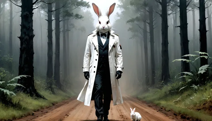 Full body painting of a man with a white rabbit head in a white trench coat, russ mills, by Ben Templesmith, inspired by Santiago Caruso, inspired by ashley wood, ashley wood illustration, from the sandman netflix show, stern looking rabbit in a lab coat, ...